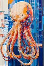 Midjourney generated image using SREF code Electric Riff: A painting of an octopus on a blue background.