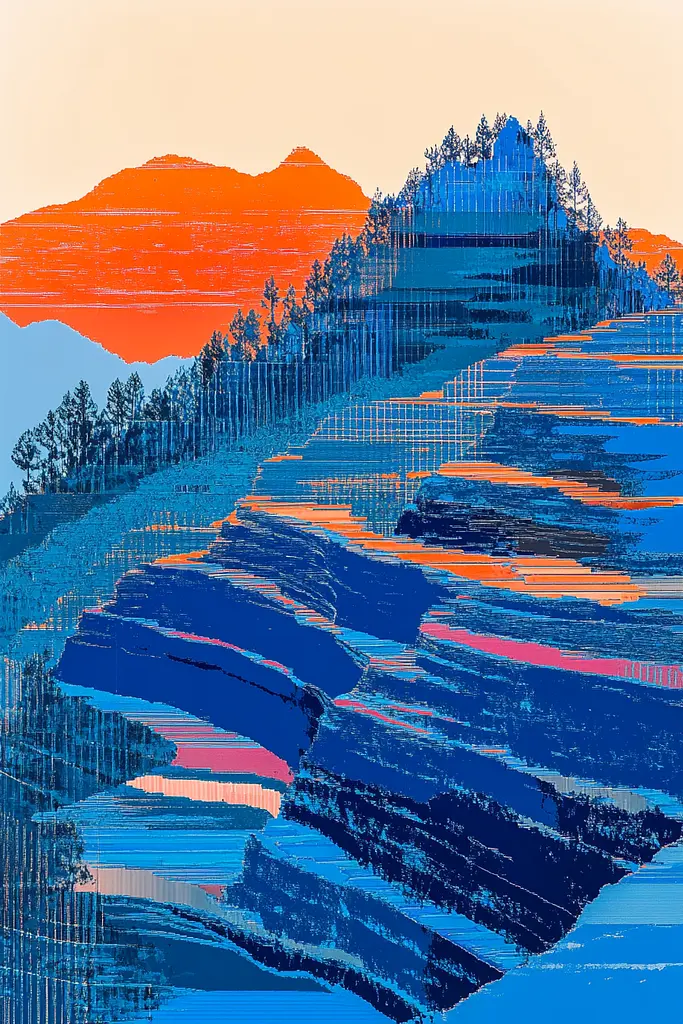 Midjourney generated image using SREF code Electric Riff: A blue and orange landscape with mountains in the background.