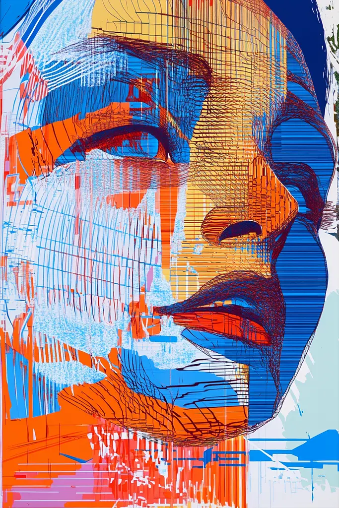 Midjourney generated image using SREF code Electric Riff: a close up of a person's face with a blue and orange background