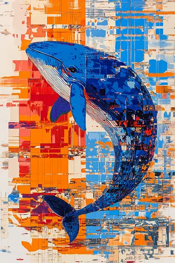 Midjourney generated image using SREF code Electric Riff: A painting of a blue whale on a colorful background.