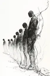 Midjourney generated image using SREF code Faded Mortality: A drawing of a group of people standing in a line.