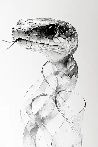 Midjourney generated image using SREF code Faded Mortality: A black and white drawing of a snake.