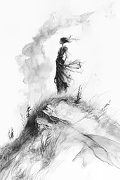 Midjourney generated image using SREF code Faded Mortality: A black and white drawing of a woman standing on a hill.