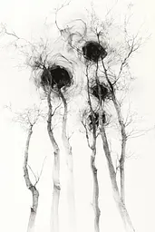 Midjourney generated image using SREF code Faded Mortality: A black and white photo of a group of trees.