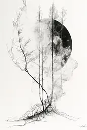 Midjourney generated image using SREF code Faded Mortality: A black and white drawing of a tree with smoke coming out of it.