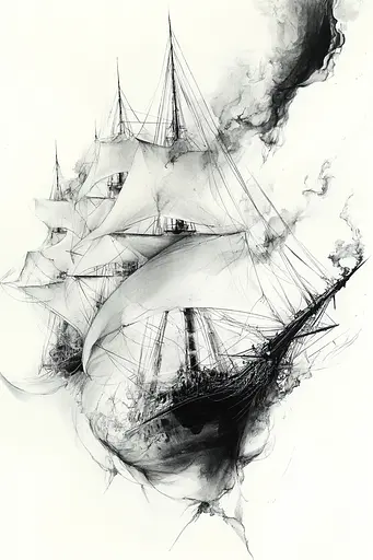 Midjourney generated image using SREF code Faded Mortality: A black and white drawing of a ship in the ocean.