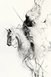 Midjourney generated image using SREF code Faded Mortality: A black and white drawing of a man riding a horse.