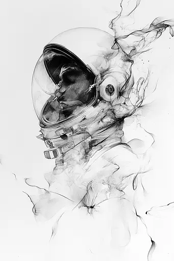 Midjourney generated image using SREF code Faded Mortality: A black and white drawing of a man in a space suit.