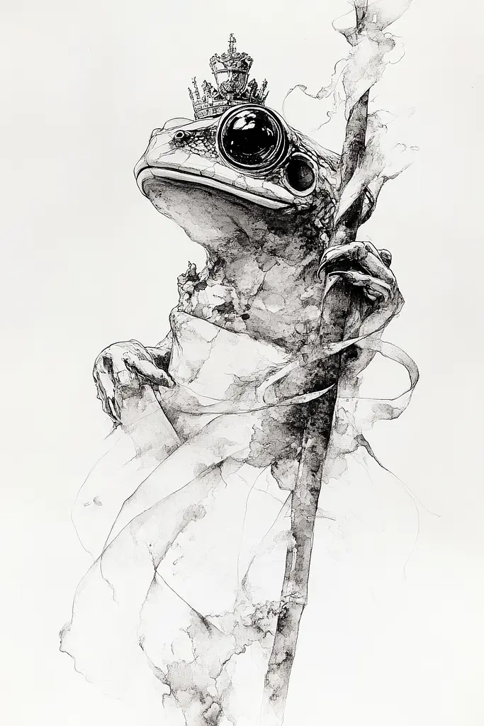 Midjourney generated image using SREF code Faded Mortality: A drawing of a frog with a crown on its head.