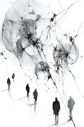 Midjourney generated image using SREF code Faded Mortality: A group of people walking through a black and white drawing.