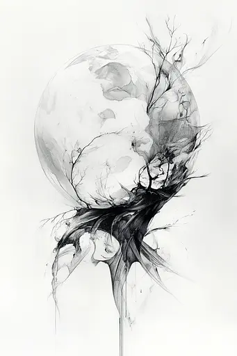 Midjourney generated image using SREF code Faded Mortality: A black and white drawing of a tree with a moon in the background.