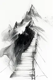 Midjourney generated image using SREF code Faded Mortality: A black and white drawing of a wooden walkway leading to a mountain.