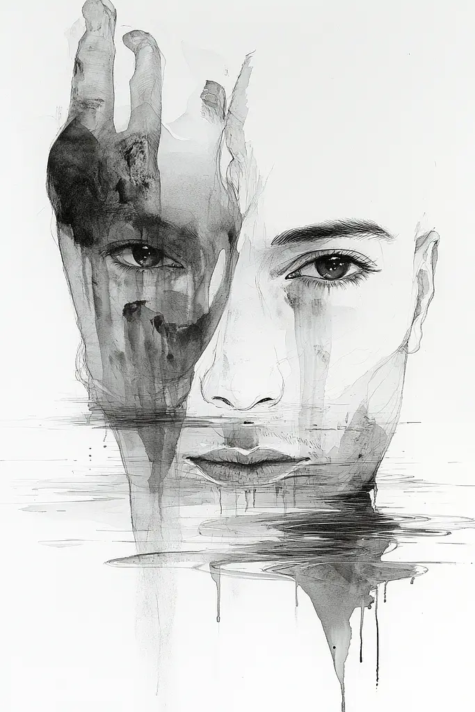 Midjourney generated image using SREF code Faded Mortality: A black and white drawing of a woman's face in the water.