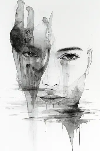 Midjourney generated image using SREF code Faded Mortality: A black and white drawing of a woman's face in the water.