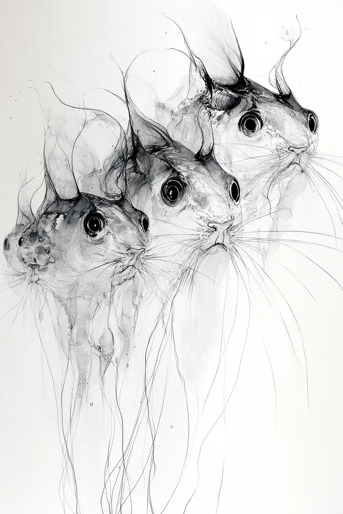 Midjourney generated image using SREF code Faded Mortality: A black and white drawing of three squirrels.