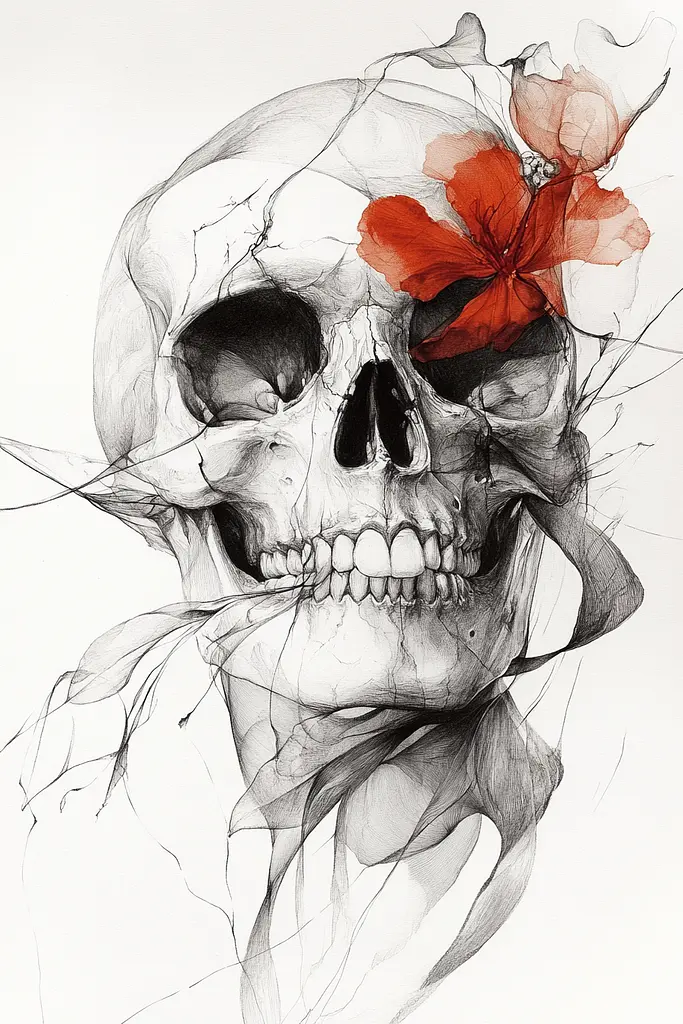 Midjourney generated image using SREF code Faded Mortality: A drawing of a skull with a flower in its mouth.