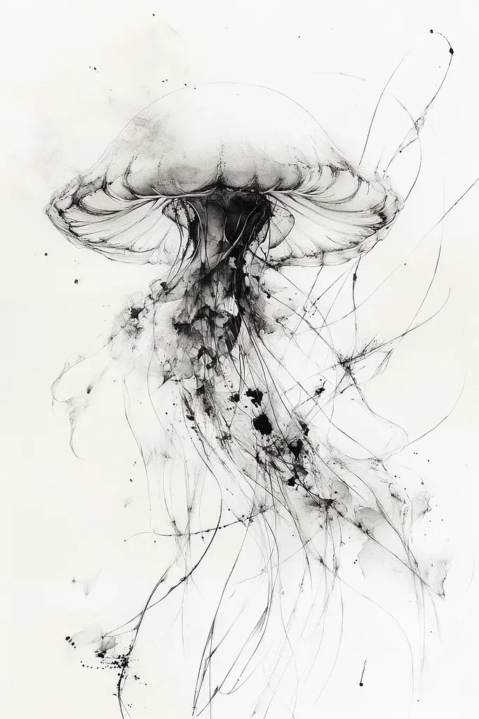 Midjourney generated image using SREF code Faded Mortality: A black and white drawing of a jellyfish.