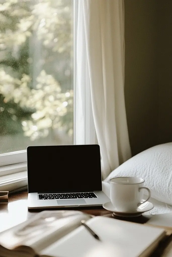 Midjourney generated image using SREF code Urban Solitude: A laptop computer sitting on top of a bed next to a cup of coffee.