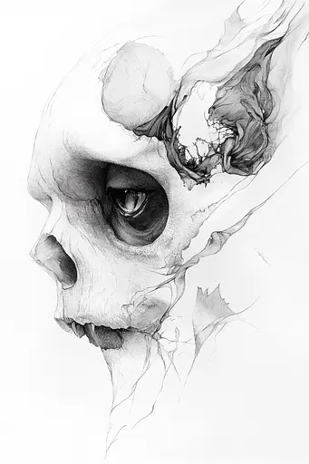 Midjourney generated image using SREF code Faded Mortality: A black and white drawing of a human skull.