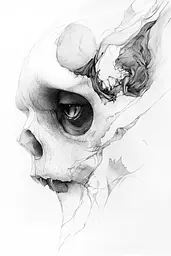 Midjourney generated image using SREF code Faded Mortality: A black and white drawing of a human skull.