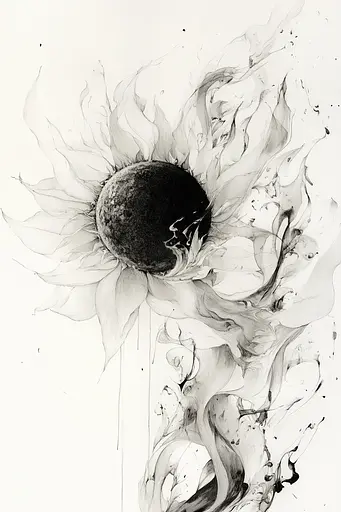 Midjourney generated image using SREF code Faded Mortality: A black and white drawing of a sunflower.