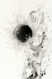 Midjourney generated image using SREF code Faded Mortality: A black and white drawing of a sunflower.