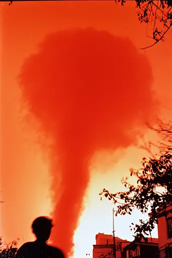 Midjourney generated image using SREF code Amber Memoirs: A man standing in front of a large plume of smoke.