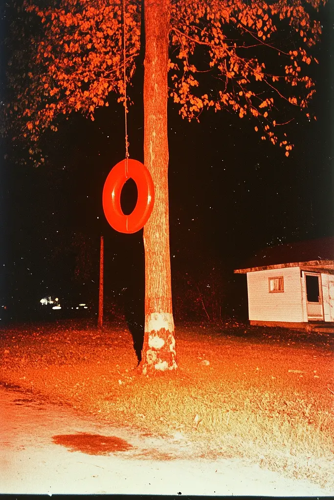 Midjourney generated image using SREF code Amber Memoirs: A red life preserver hanging from a tree in front of a house.