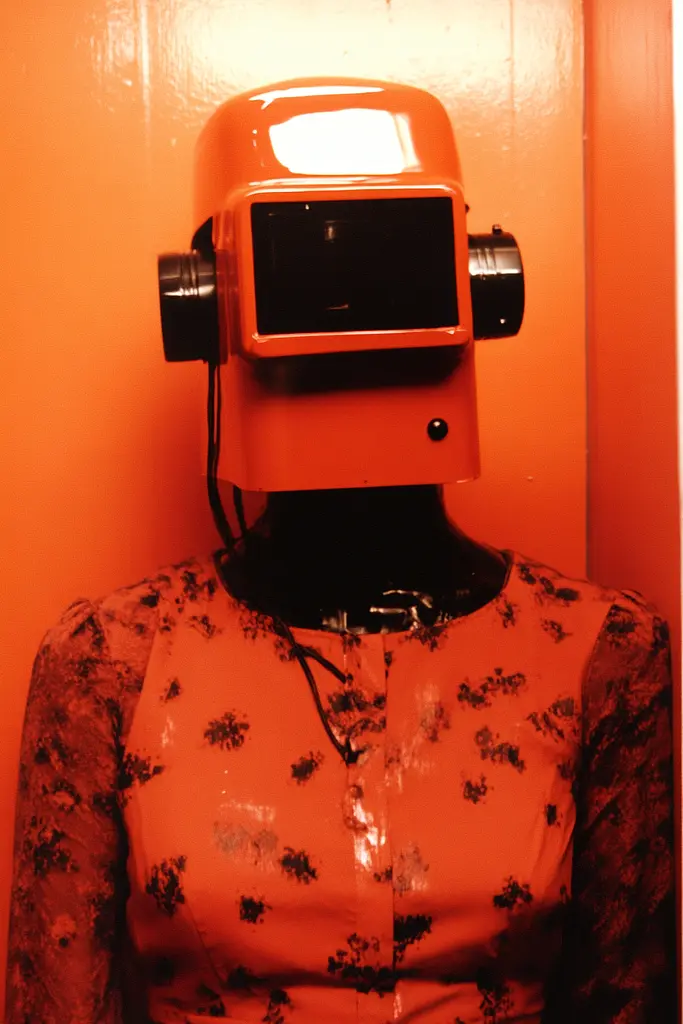 Midjourney generated image using SREF code Amber Memoirs: A mannequin wearing an orange welding helmet in a room.