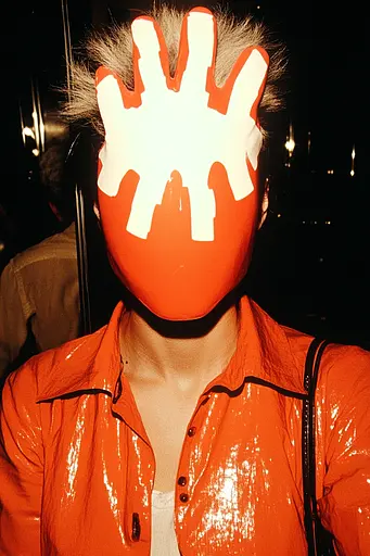 Midjourney generated image using SREF code Amber Memoirs: A woman in an orange jacket with a white hand painted on her face.