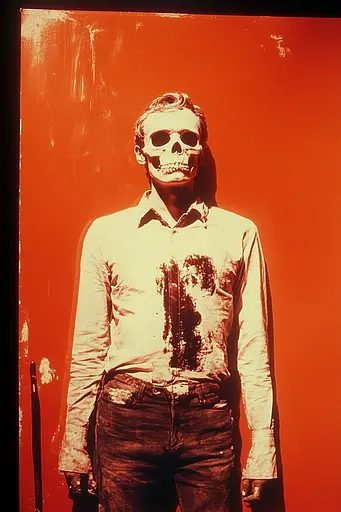 Midjourney generated image using SREF code Amber Memoirs: A man with a skull mask standing in front of a red wall.