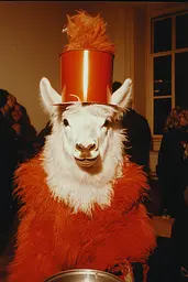 Midjourney generated image using SREF code Amber Memoirs: A llama wearing a top hat and a red fur coat.