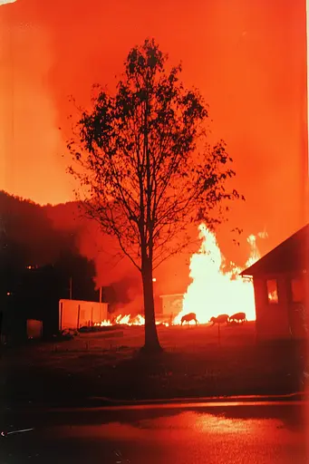 Midjourney generated image using SREF code Amber Memoirs: A picture of a fire burning in a residential area.