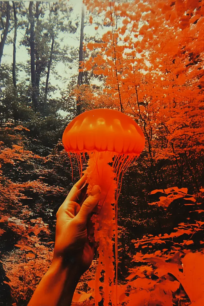 Midjourney generated image using SREF code Amber Memoirs: A person holding a jellyfish in the middle of a forest.