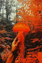 Midjourney generated image using SREF code Amber Memoirs: A person holding a jellyfish in the middle of a forest.