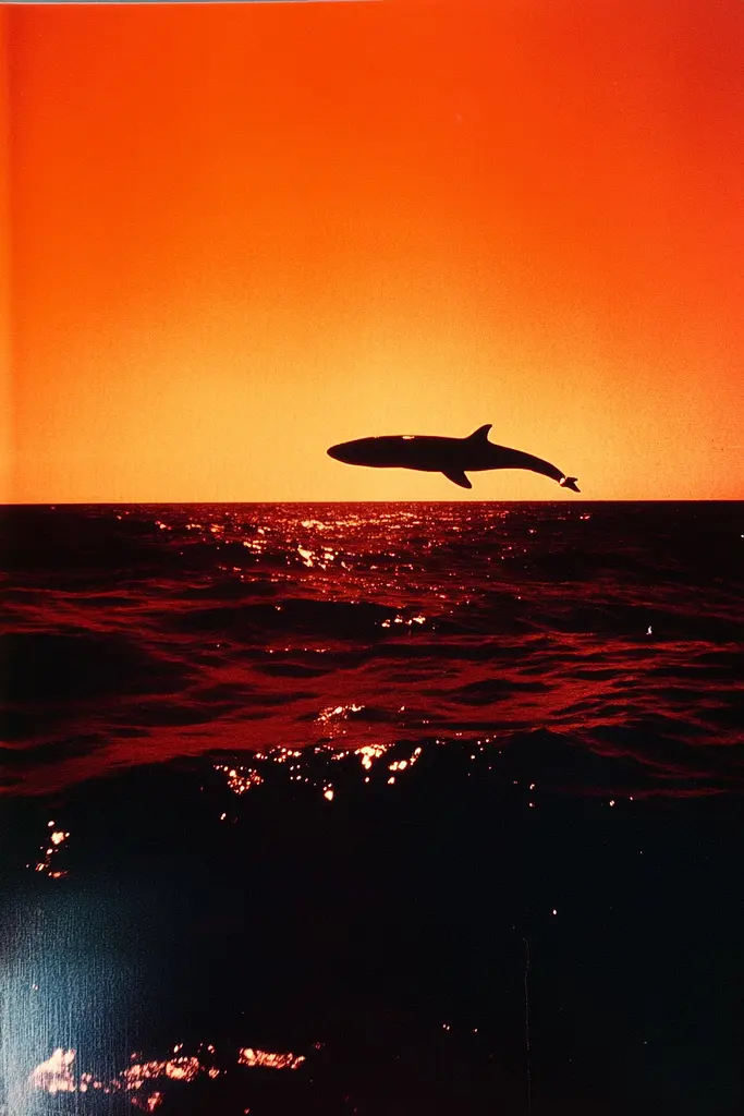 Midjourney generated image using SREF code Amber Memoirs: A dolphin jumping out of the water at sunset.