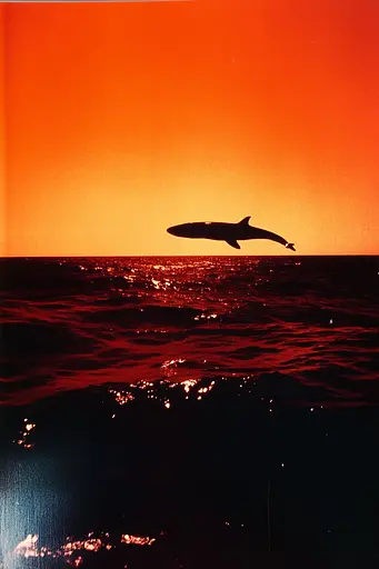 Midjourney generated image using SREF code Amber Memoirs: A dolphin jumping out of the water at sunset.