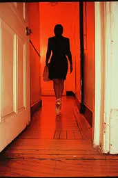 Midjourney generated image using SREF code Amber Memoirs: A woman walking down a hallway in a dark room.