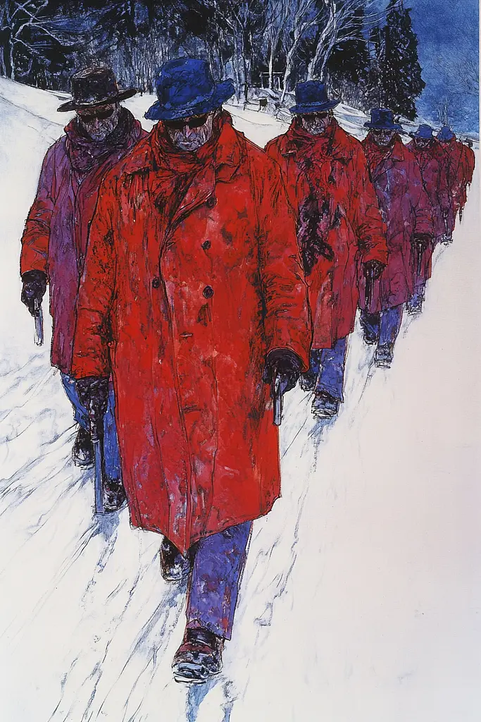 Midjourney generated image using SREF code Crimson Abyss: A painting of a group of people walking in the snow.