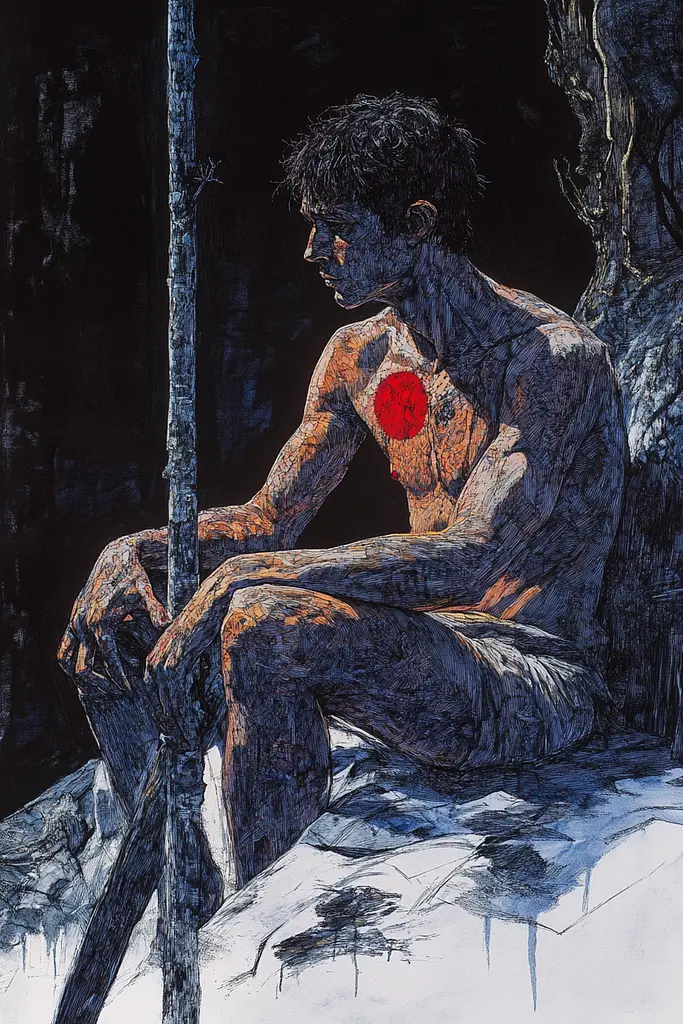 Midjourney generated image using SREF code Crimson Abyss: A drawing of a man sitting on a rock with a red dot on his chest.