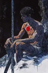 Midjourney generated image using SREF code Crimson Abyss: A drawing of a man sitting on a rock with a red dot on his chest.