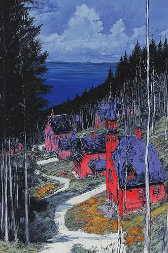 Midjourney generated image using SREF code Crimson Abyss: A painting of a red house in the woods by the ocean.