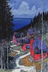 Midjourney generated image using SREF code Crimson Abyss: A painting of a red house in the woods by the ocean.