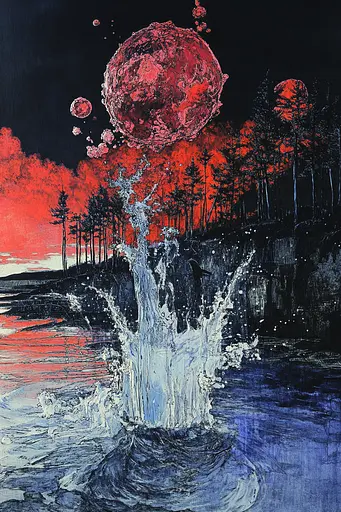 Midjourney generated image using SREF code Crimson Abyss: A painting of a red planet in the middle of a lake.