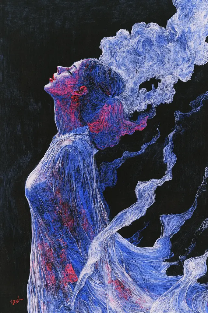 Midjourney generated image using SREF code Crimson Abyss: A drawing of a woman with blue smoke coming out of her head.