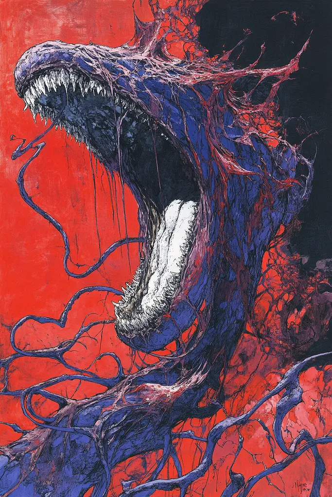 Midjourney generated image using SREF code Crimson Abyss: A drawing of a venom with its mouth open.