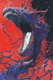 Midjourney generated image using SREF code Crimson Abyss: A drawing of a venom with its mouth open.