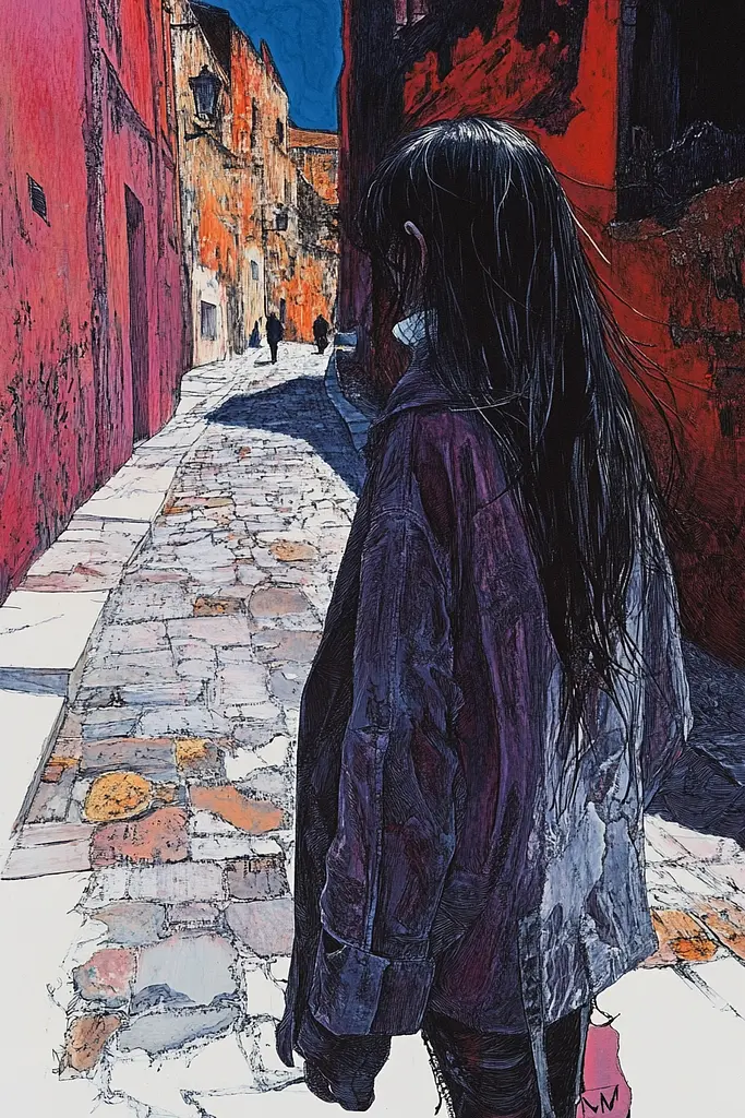 Midjourney generated image using SREF code Crimson Abyss: A painting of a woman walking down a narrow street.