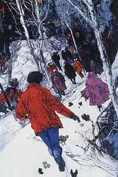 Midjourney generated image using SREF code Crimson Abyss: A painting of a group of people walking in the snow.