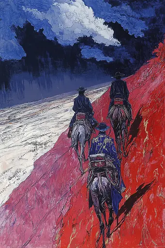 Midjourney generated image using SREF code Crimson Abyss: A painting of three men riding horses down a red hill.